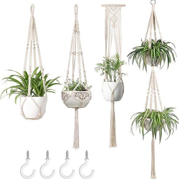 Macrame Plant Hangers Set of 4 Indoor Hanging Planter Basket Wall Decorative Flo - Picture 1 of 8